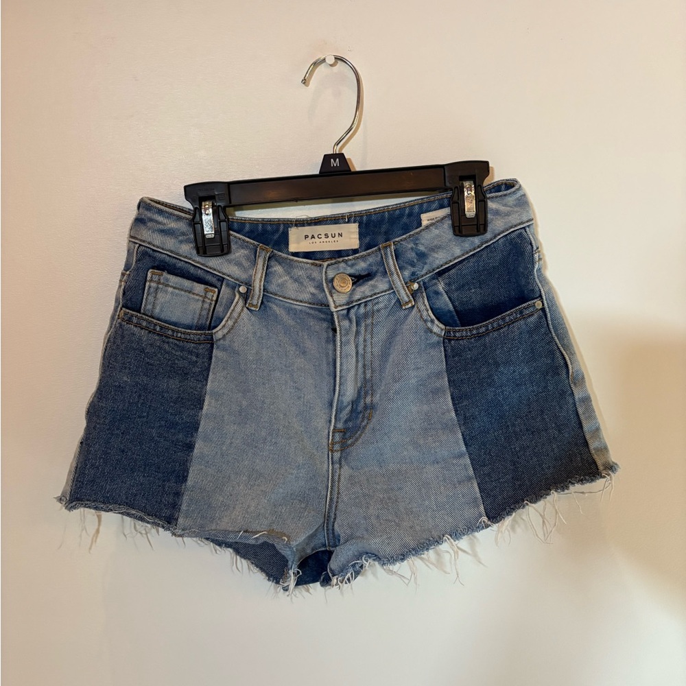 PacSun Blue High Rise Jean Shorts with Distressed Hem